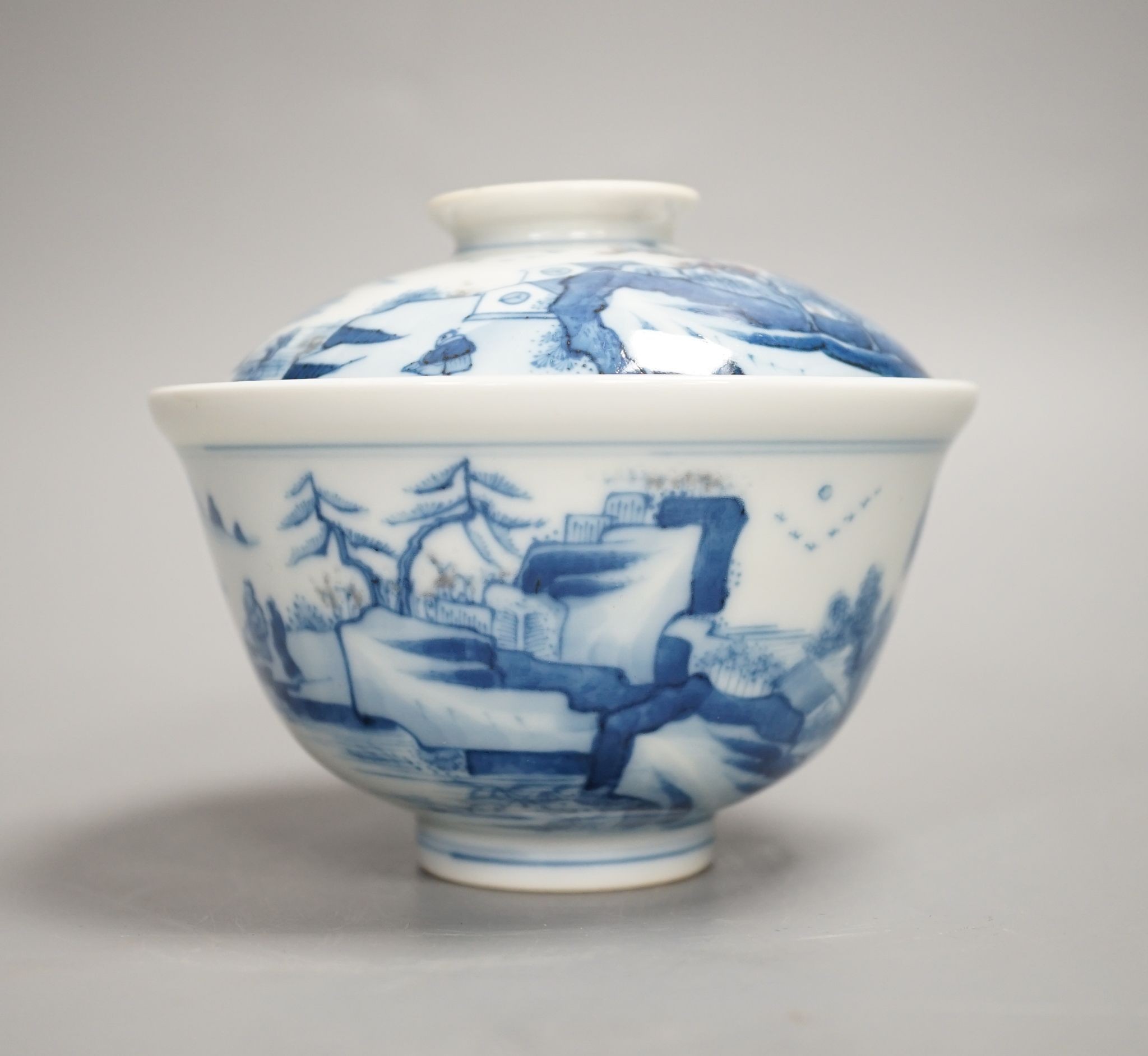 A Chinese underglaze blue and copper red bowl and cover, with hallmark, 9.5 cms high including cover.